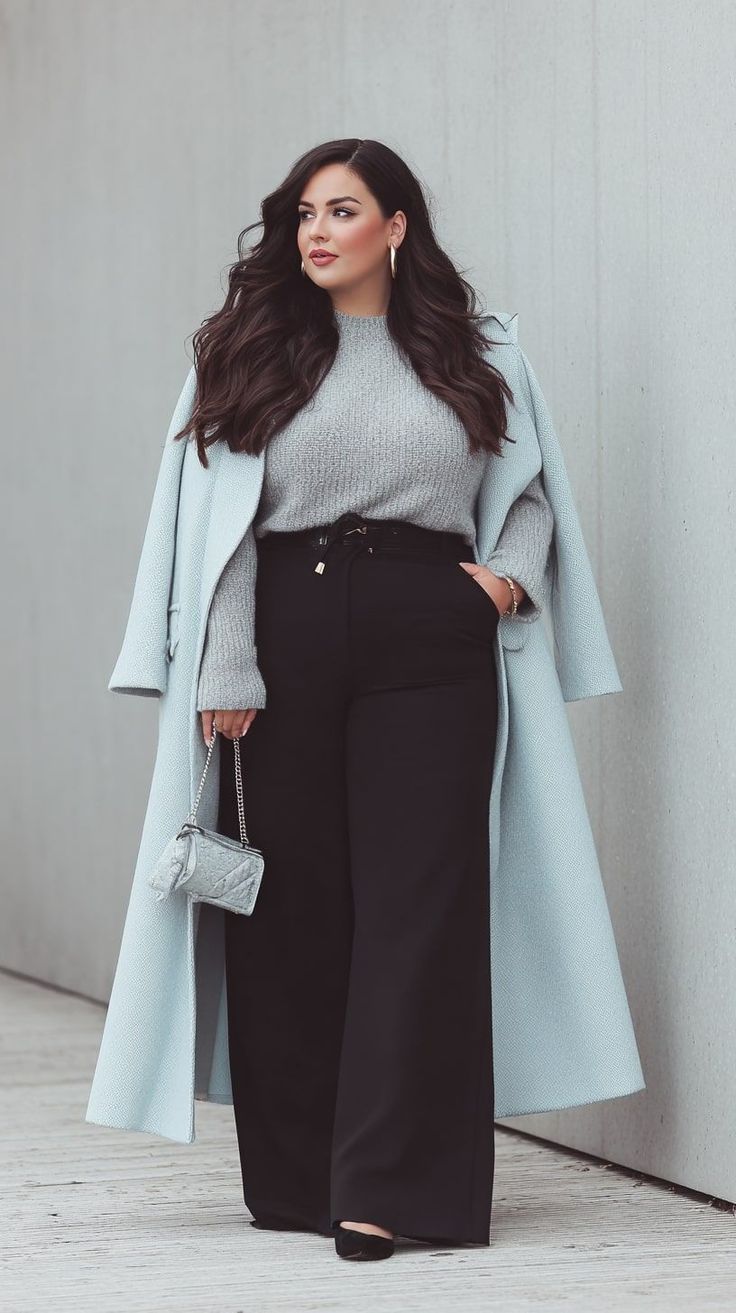 plus size fashion look featuring an elegant woman in a long pastel blue coat with wide-leg trousers and sophisticated styling.
