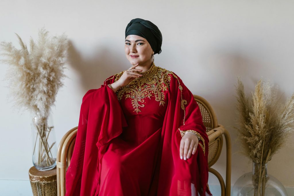 Elegant plus size modern abaya fashion red dress from Ishq luxury fashion wedding collection.